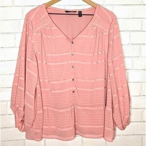 H Halston Womens Pink V-Neck Long Sleeve Button Front Top Blouse Size 22W